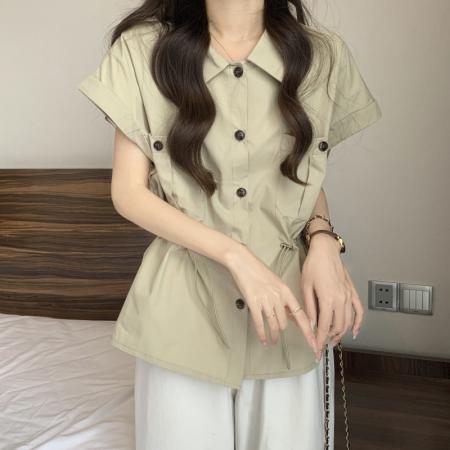 BY23217# 夏装新款大码女装微胖mm收腰显瘦抽绳衬衫设计感百搭衬衣 服裝批發女裝批發服飾貨源