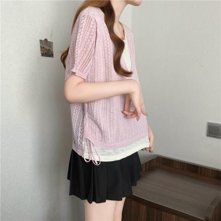 BY23220# 夏装新款大码女装胖mm假两件冰丝短袖t恤设计感针织上衣 服裝批發女裝批發服飾貨源