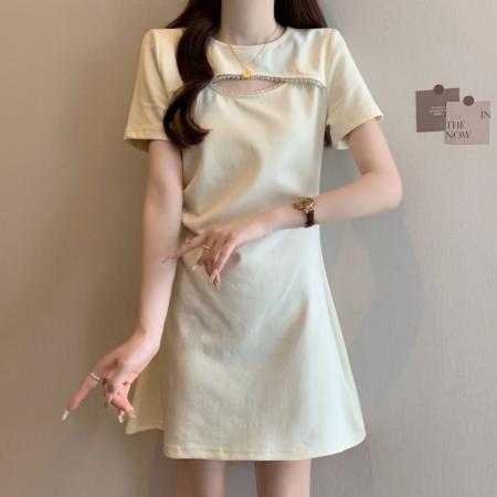 BY23236# 夏季新款大码女装微胖mm小香风镂空钉珠赫本风a字连衣裙 服裝批發女裝批發服飾貨源
