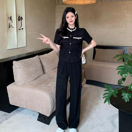 BY23239# 夏装新款大码女装休闲运动减龄时尚阔腿裤小香风两件套潮 服裝批發女裝批發服飾貨源