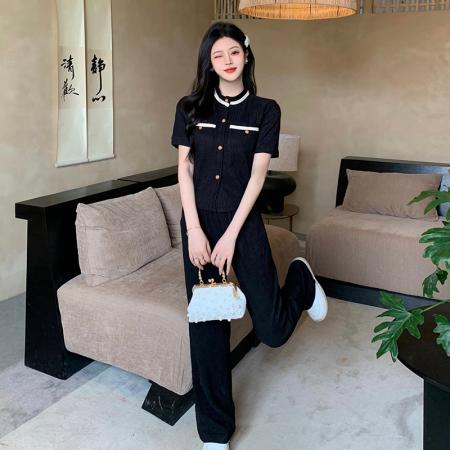 BY23239# 夏装新款大码女装休闲运动减龄时尚阔腿裤小香风两件套潮 服裝批發女裝批發服飾貨源