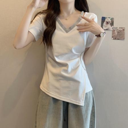BY23249# 胖妹妹大码女装夏季新款镶钻简约百搭V领收腰开叉短袖T恤上衣 服裝批發女裝批發服飾貨源