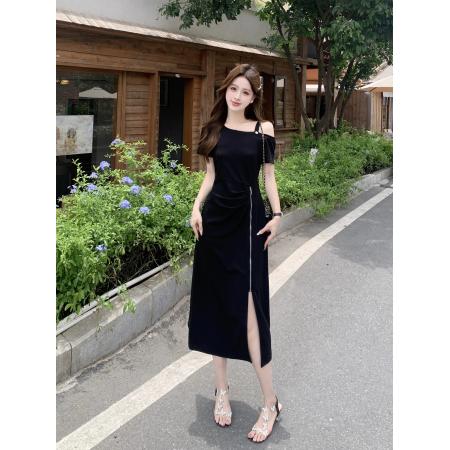 BY23250# 胖妹妹大码女装夏季新款设计感露肩短袖藏肉显瘦气质连衣裙 服裝批發女裝批發服飾貨源