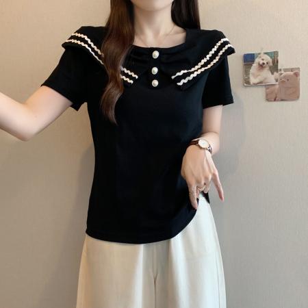 BY23251# 胖妹妹大码女装夏季新款设计感方领拼接短袖t恤遮肉撞色上衣 服裝批發女裝批發服飾貨源