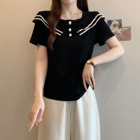 BY23251# 胖妹妹大码女装夏季新款设计感方领拼接短袖t恤遮肉撞色上衣 服裝批發女裝批發服飾貨源