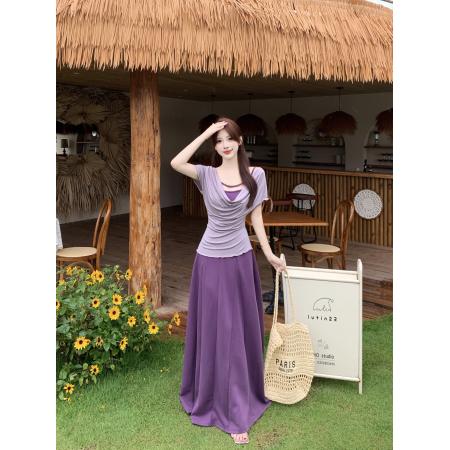 BY23254# 胖妹妹大码女装夏季新款荡领假两件拼接显瘦冰凉感连衣裙 服裝批發女裝批發服飾貨源