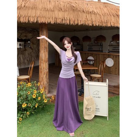 BY23254# 胖妹妹大码女装夏季新款荡领假两件拼接显瘦冰凉感连衣裙 服裝批發女裝批發服飾貨源