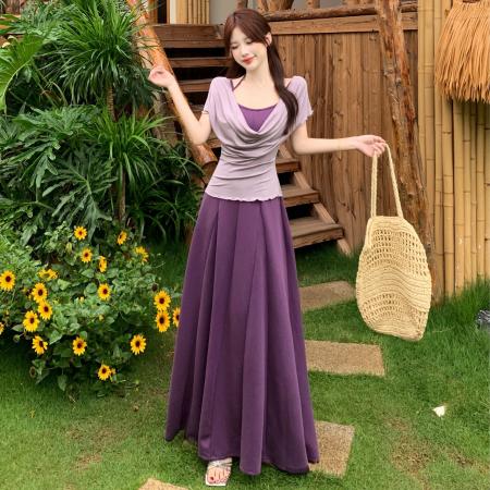 BY23254# 胖妹妹大码女装夏季新款荡领假两件拼接显瘦冰凉感连衣裙 服裝批發女裝批發服飾貨源