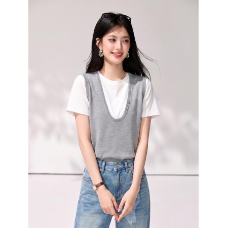 BY23258# 高端货女装新款设计感拼接假两件短袖T恤egg正肩上衣 服裝批發女裝批發服飾貨源