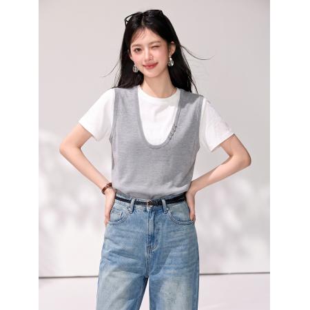 BY23258# 高端货女装新款设计感拼接假两件短袖T恤egg正肩上衣 服裝批發女裝批發服飾貨源