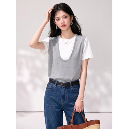 BY23258# 高端货女装新款设计感拼接假两件短袖T恤egg正肩上衣 服裝批發女裝批發服飾貨源