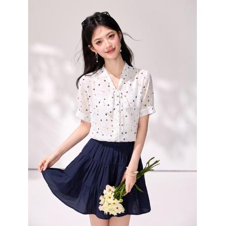 BY23264# 夏季碎花短袖雪纺衫女蝴蝶结小衫遮肚显瘦上衣 服裝批發女裝批發服飾貨源