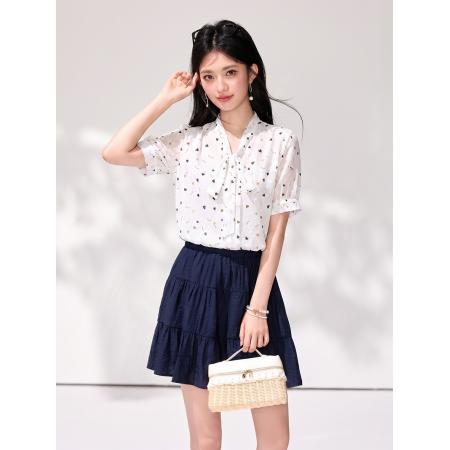 BY23264# 夏季碎花短袖雪纺衫女蝴蝶结小衫遮肚显瘦上衣 服裝批發女裝批發服飾貨源