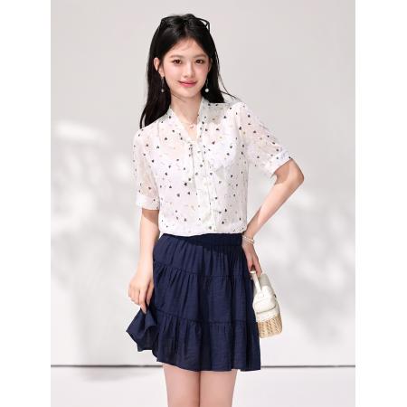 BY23264# 夏季碎花短袖雪纺衫女蝴蝶结小衫遮肚显瘦上衣 服裝批發女裝批發服飾貨源