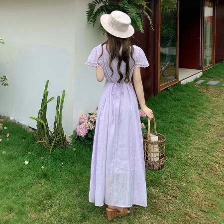 BY23270# 网红法式高级感V领紫色连衣裙女夏季新款微收腰显瘦绝美裙子 服裝批發女裝批發服飾貨源