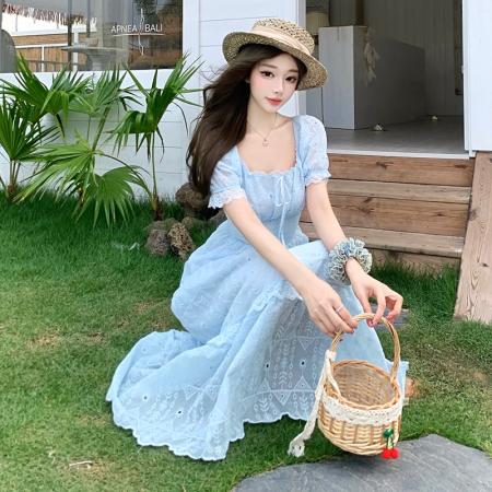 BY23272# 淑女风重工刺绣连衣裙女夏季新款甜美泡泡袖收腰显瘦长裙气质 服裝批發女裝批發服飾貨源
