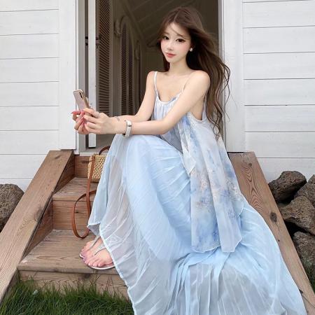 BY23274# 网红同款无袖大摆连衣裙微胖显瘦款法式仙女裙夏季新款 服裝批發女裝批發服飾貨源