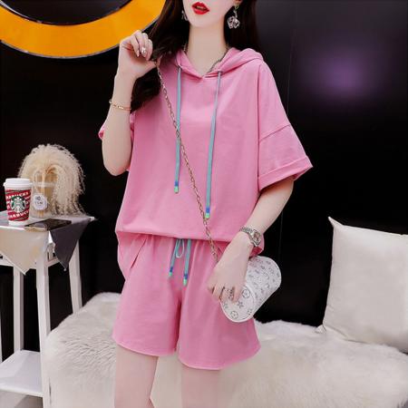 BY23279# 纯棉夏季运动连帽短袖T恤短裤套装女两件套 服裝批發女裝批發服飾貨源
