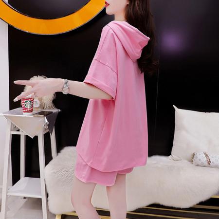 BY23279# 纯棉夏季运动连帽短袖T恤短裤套装女两件套 服裝批發女裝批發服飾貨源