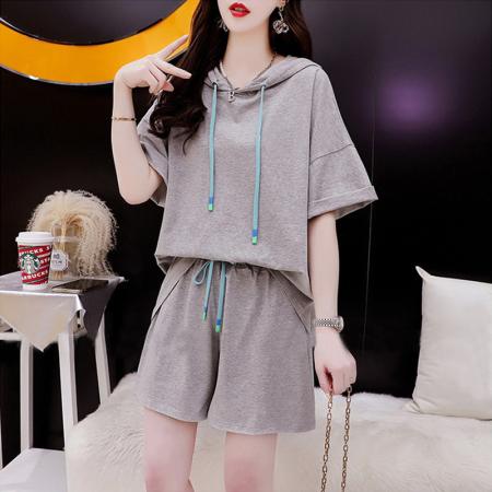 BY23279# 纯棉夏季运动连帽短袖T恤短裤套装女两件套 服裝批發女裝批發服飾貨源