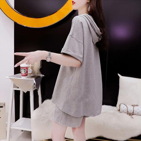 BY23279# 纯棉夏季运动连帽短袖T恤短裤套装女两件套 服裝批發女裝批發服飾貨源
