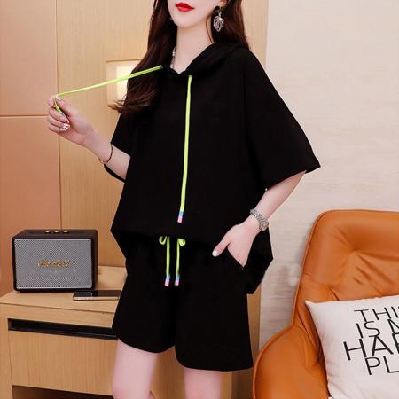 BY23279# 纯棉夏季运动连帽短袖T恤短裤套装女两件套 服裝批發女裝批發服飾貨源