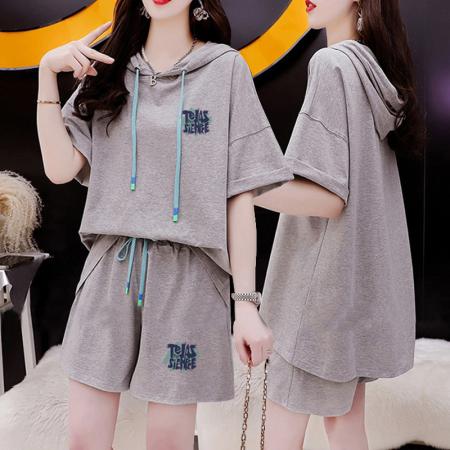 BY23280# 纯棉夏季运动连帽短袖T恤短裤套装女两件套 服裝批發女裝批發服飾貨源