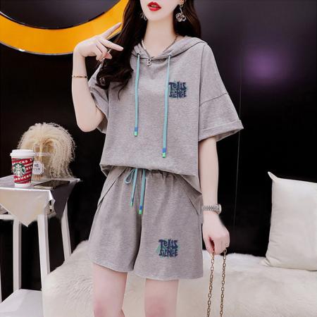 BY23280# 纯棉夏季运动连帽短袖T恤短裤套装女两件套 服裝批發女裝批發服飾貨源