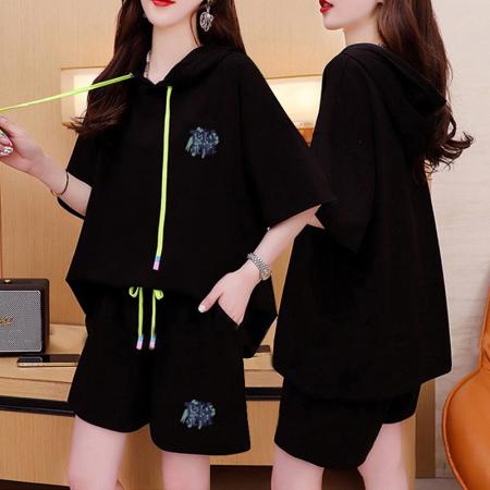 BY23280# 纯棉夏季运动连帽短袖T恤短裤套装女两件套 服裝批發女裝批發服飾貨源