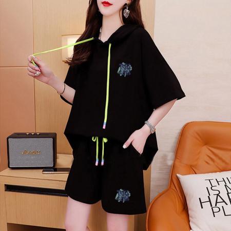 BY23280# 纯棉夏季运动连帽短袖T恤短裤套装女两件套 服裝批發女裝批發服飾貨源