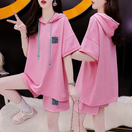 BY23280# 纯棉夏季运动连帽短袖T恤短裤套装女两件套 服裝批發女裝批發服飾貨源