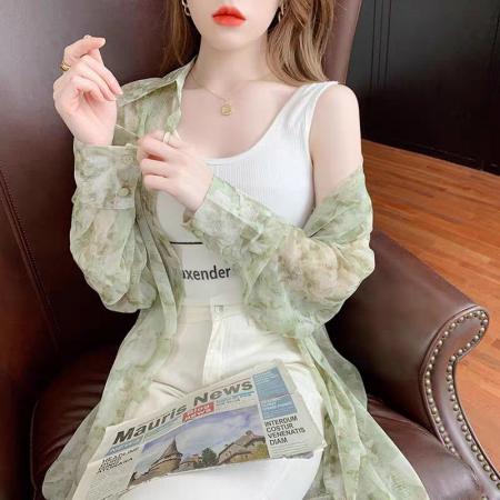 BY23284# 冰丝防晒衣女夏季薄新款设计感扎染印花宽松雪纺衬衫 服裝批發女裝批發服飾貨源