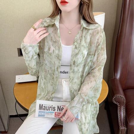 BY23284# 冰丝防晒衣女夏季薄新款设计感扎染印花宽松雪纺衬衫 服裝批發女裝批發服飾貨源