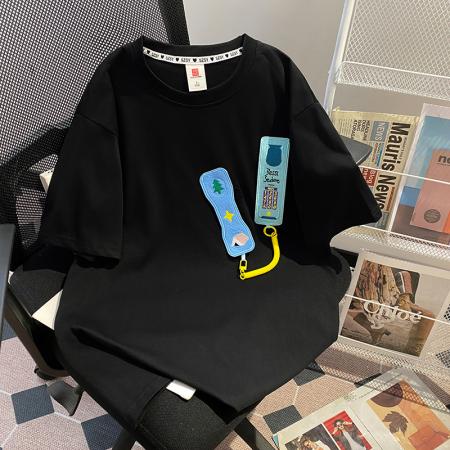 BY23286# 潮牌棉大码300斤设计感短袖T恤男女情侣立体装饰 服裝批發女裝批發服飾貨源