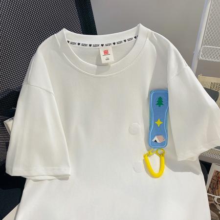 BY23286# 潮牌棉大码300斤设计感短袖T恤男女情侣立体装饰 服裝批發女裝批發服飾貨源