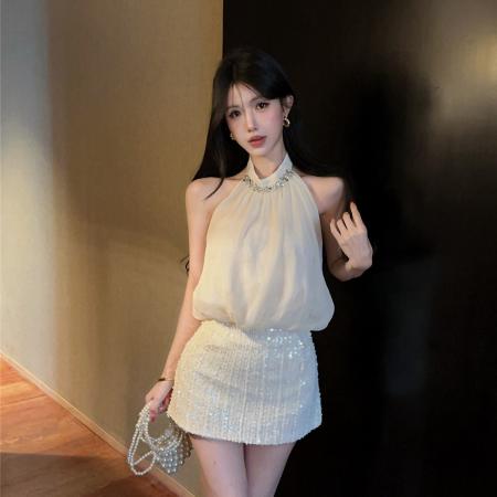 BY23307# 水钻挂脖背心辣妹设计感露背无袖花苞上衣珠片半身裙套装 服裝批發女裝批發服飾貨源