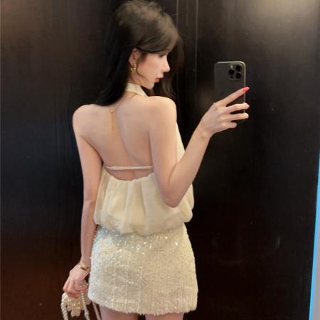 BY23307# 水钻挂脖背心辣妹设计感露背无袖花苞上衣珠片半身裙套装 服裝批發女裝批發服飾貨源