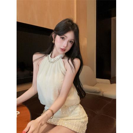 BY23307# 水钻挂脖背心辣妹设计感露背无袖花苞上衣珠片半身裙套装 服裝批發女裝批發服飾貨源