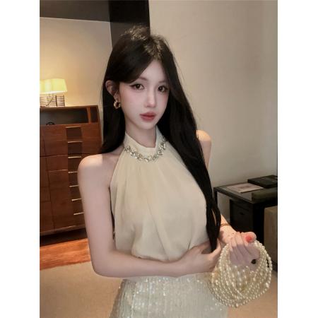 BY23307# 水钻挂脖背心辣妹设计感露背无袖花苞上衣珠片半身裙套装 服裝批發女裝批發服飾貨源