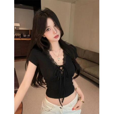 BY23311# V领短款蕾丝上衣女夏季法式小资独特漂亮巨好看短袖T恤 服裝批發女裝批發服飾貨源