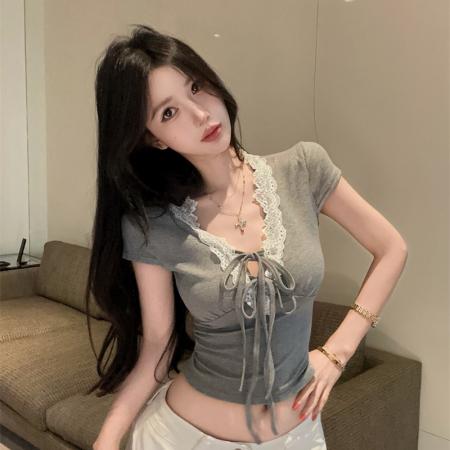 BY23311# V领短款蕾丝上衣女夏季法式小资独特漂亮巨好看短袖T恤 服裝批發女裝批發服飾貨源