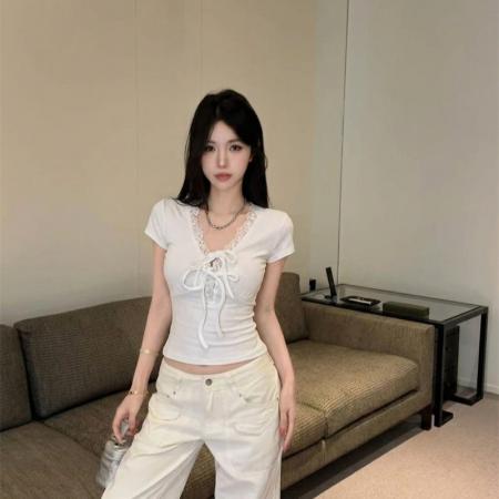 BY23311# V领短款蕾丝上衣女夏季法式小资独特漂亮巨好看短袖T恤 服裝批發女裝批發服飾貨源