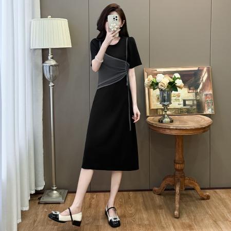 BY23314# 假两件连衣裙女夏圆领短袖宽松显瘦中长款大码T恤裙 服裝批發女裝批發服飾貨源