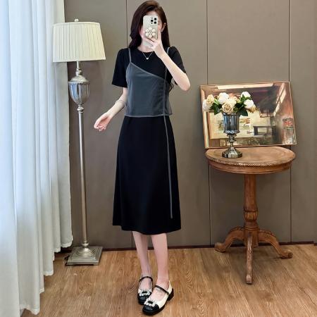 BY23314# 假两件连衣裙女夏圆领短袖宽松显瘦中长款大码T恤裙 服裝批發女裝批發服飾貨源
