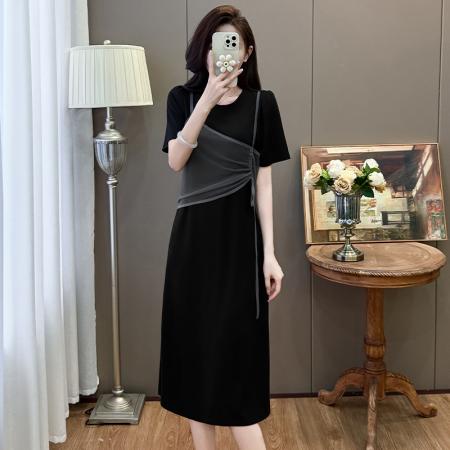 BY23314# 假两件连衣裙女夏圆领短袖宽松显瘦中长款大码T恤裙 服裝批發女裝批發服飾貨源