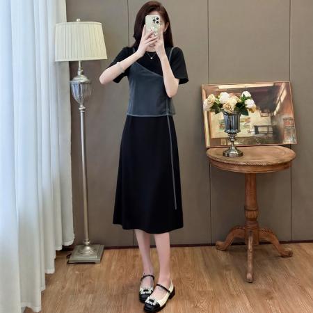 BY23314# 假两件连衣裙女夏圆领短袖宽松显瘦中长款大码T恤裙 服裝批發女裝批發服飾貨源