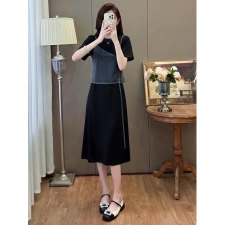 BY23315# 假两件连衣裙女夏圆领短袖宽松显瘦中长款大码T恤裙 服裝批發女裝批發服飾貨源