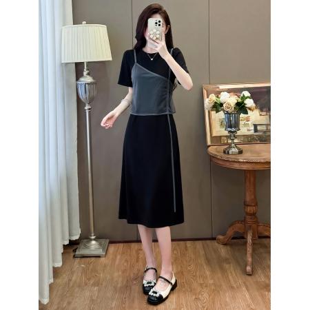 BY23315# 假两件连衣裙女夏圆领短袖宽松显瘦中长款大码T恤裙 服裝批發女裝批發服飾貨源