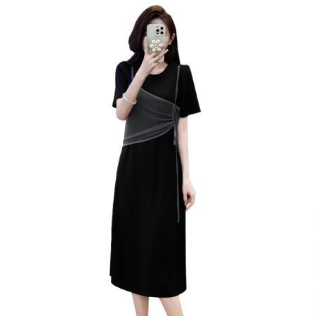 BY23315# 假两件连衣裙女夏圆领短袖宽松显瘦中长款大码T恤裙 服裝批發女裝批發服飾貨源
