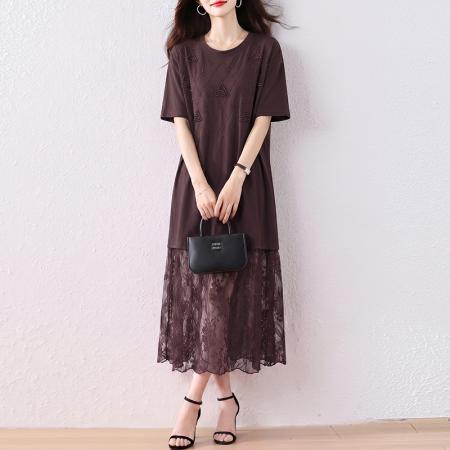 BY23318# 烫钻蕾丝拼接...